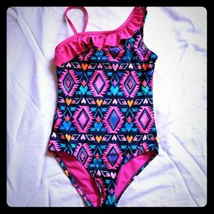 Aztec Print One Shoulder Girls One Piece Swimsuit